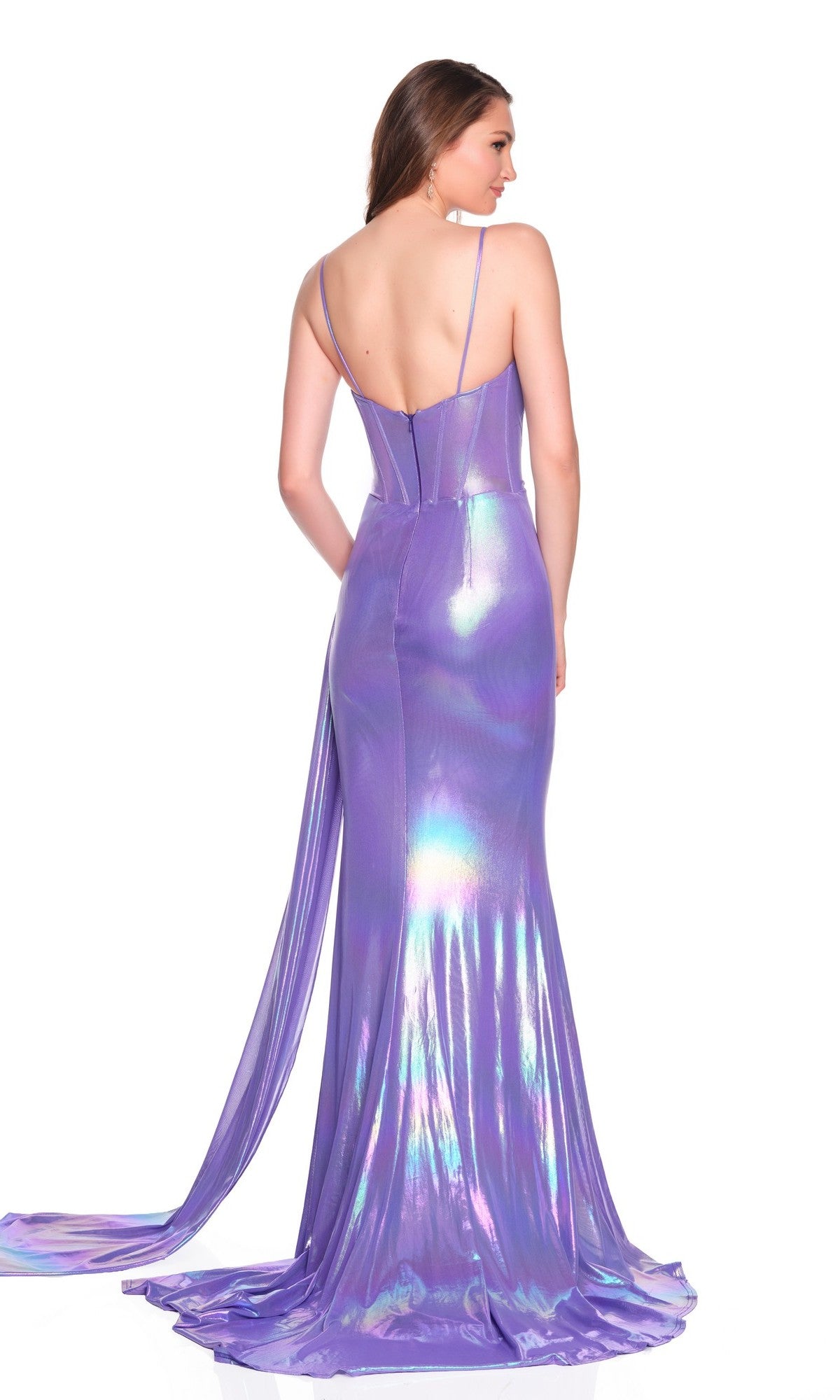 Woman wearing the Dave and Johnny 12378 long prom dress in metallic purple, with a corset bodice, thin straps, and a long train, photographed from the back against a white background.